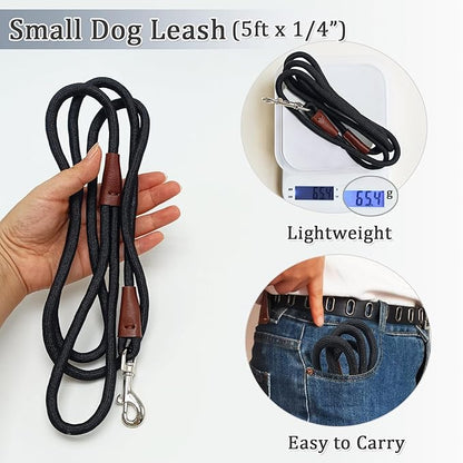 WYuZe 5ft Puppy Leash for Small Dogs, 1/4" Thin Rope Dog Leash with Easy to Use Hook, Lightweight Cat Leashes for Chihuahua/Yorkie/Toy Breed 10 Colors, Black