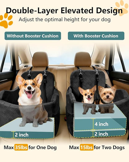 Dog Car Seat for Small/Medium Dogs Up to 35 lbs, 2-in-1 Pet Car Seat with Memory Foam, Machine Washable Dog Bed for Cars, Non-Slip Pet Booster Carseat with Safety Leashes, Storage Pockets (Black)