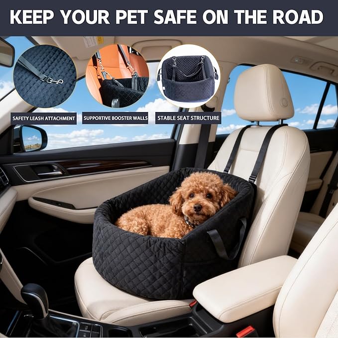 Elevated Dog Booster Seat for Small Dogs, Pet Travel Bed with Safety Leash, Anti-Slip Base, Soft Velvet, Removable Washable Cover, Secure for Pets Up to 30 lbs