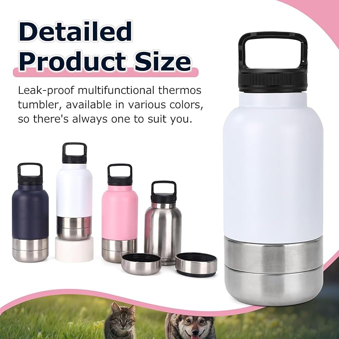 Dog Travel Water Bottle, 3 in 1 Stainless Steel Insulated Dog Water Bottle for Dogs, Portable Travel Dispenser with 2 Removable Bowls for Walking, Hiking, Camping, Outdoor (White, 32OZ)