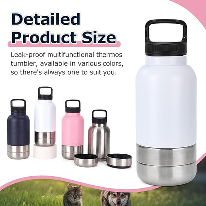 Dog Travel Water Bottle, 3 in 1 Stainless Steel Insulated Dog Water Bottle for Dogs, Portable Travel Dispenser with 2 Removable Bowls for Walking, Hiking, Camping, Outdoor (White, 32OZ)