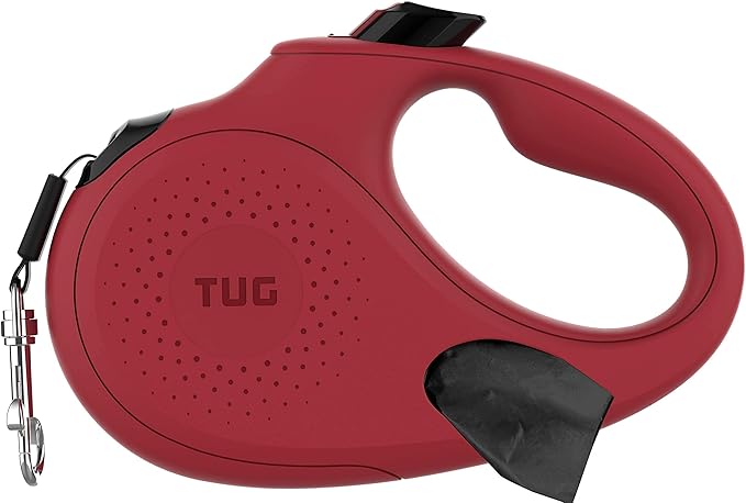 TUG Oval 360° Tangle-Free Retractable Dog Leash with Integrated Waste Bag Dispenser (Medium, Red)