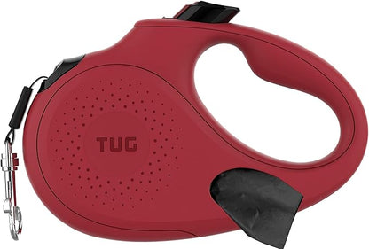 TUG Oval 360° Tangle-Free Retractable Dog Leash with Integrated Waste Bag Dispenser (Medium, Red)
