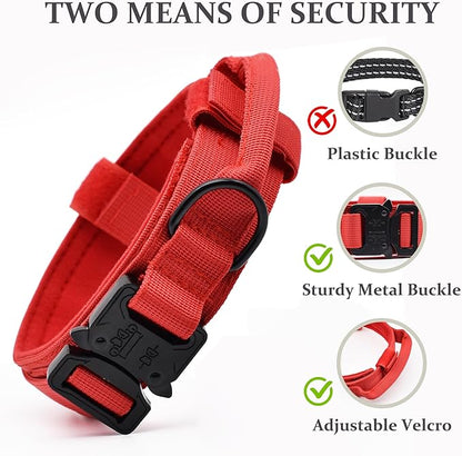 Tactical Dog Collar, Adjustable Military Training Nylon Dog Collar with Control Handle and Heavy Quick-Release Metal Buckle for Small Medium Large Dogs, Red XL