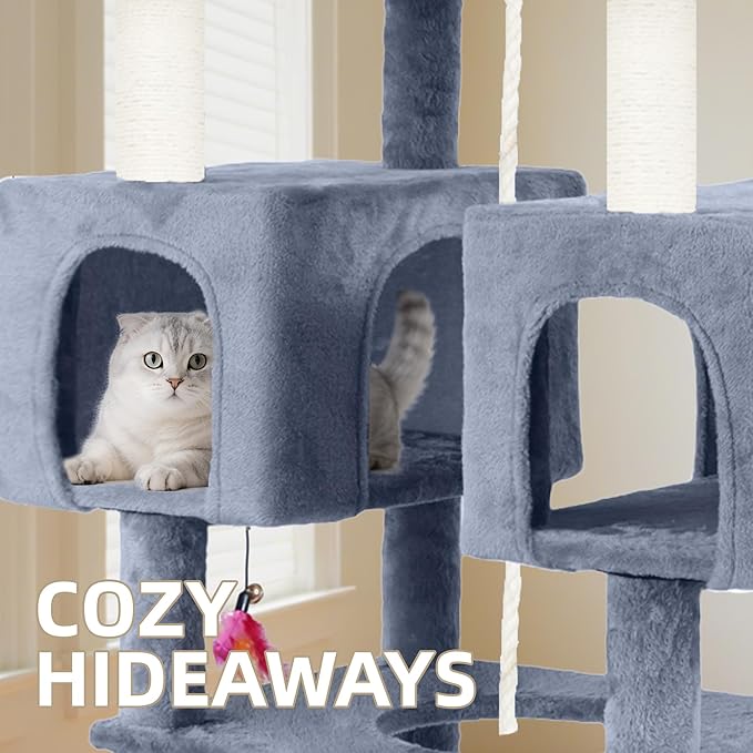 71in Multifunctional Multi-Level Cat Tree Tower for Indoor Cats,Cat Tree with Hammock,2 Condos,2 Hanging Baskets,2 Feather Toys,3 Perches,5 Hanging Balls,7 Scratching Posts,Grey