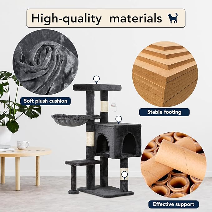 BestPet | 37" Cat Tree Tower | Light Gray | Sturdy Multi-Level Cat Tree with Plush Condo, Cozy Perch, Sisal Scratching Posts, Hanging Toy and Hammock | Easy Assembly | for Kittens & Adult Cats