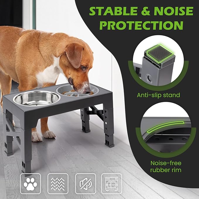 Heeyoo Elevated Dog Bowls - 5 Adjustable Heights Stand, 2 Stainless Steel Bowls & 1 Slow Feeder, 3.2" to 12.2" for Small to Large Dogs