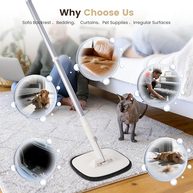Pet Hair Remover for Cat & Dog, Reusable Pet Hair Removal Tool with Adjustable Long Handle for Pet Fur on Carpet Stair Couch, Electrostatic Carpet Rake Brush Squeegee for Floor & Glove 3 in 1