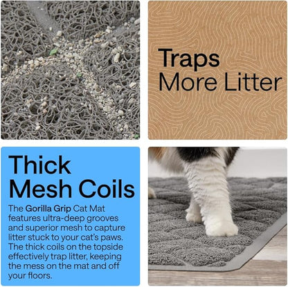 GORILLA GRIP Cat Litter Box Mat, Cushioned Coil Mesh Litter Trapping Mats, Scatter Control Supplies for Less Mess, Phthalate Free, Ultra Deep Catch Grooves, Rinse or Vacuum to Clean, 17x11 Gray