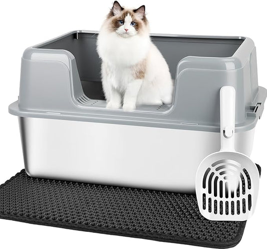 Vivifying XL Stainless Steel Cat Litter Box, High Side Metal Litter Pan with Scoop and Mat for Big Cats, Kittens, Rabbits and Hamsters, Easy Cleaning Design (Gray)