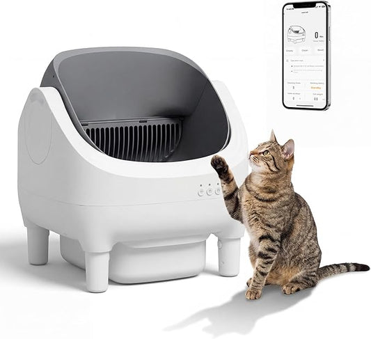 Greesum Self Cleaning Cat Litter Box – Automatic Open-Top Smart Litter Box with App Control, 15L Odor-Sealed Waste Bin, Ultra Quiet 35dB, Multi-Cat & Large Cat Compatible, with Trash Bags & Mat
