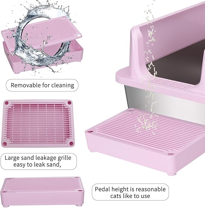 RIZZARI Open Cat Litter Box: Large Pink Stainless Steel Litter Pan with Teflon Non-Stick Coating - High Sided Splash-Proof Easy Clean Toilet for Cats up to 20 lbs - Ideal for Living Rooms - Apartments