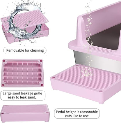 RIZZARI Open Cat Litter Box: Large Pink Stainless Steel Litter Pan with Teflon Non-Stick Coating - High Sided Splash-Proof Easy Clean Toilet for Cats up to 20 lbs - Ideal for Living Rooms - Apartments