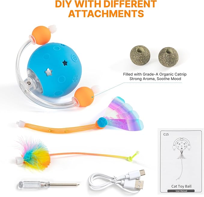 4th Gen Interactive Cat Toys for Indoor Cats Adult, Moving Cat Ball with Elastic Mesh Tail,Automatic Kitten Toys for Bored Indoor Cats,Motion Activated Smart
