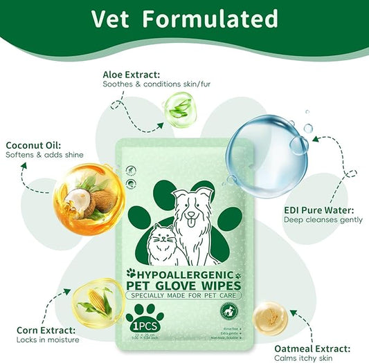 Pet Grooming Glove Wipes for Dogs & Cats, Hypoallergenic Deodorizing Cleansing Wipes with Coconut Oil & Botanical Extracts, Daily & Outdoor Care, 60g Portable and Lightweight (6 Pcs)
