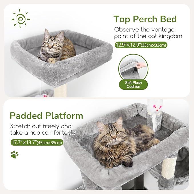 Globlazer Cat Tree Tower with 2 Cat Condos for Multiple Indoor Cats, 52in Multi-Level Plush Cat Condo Tower with 5 Sisal Scratching Posts, 2 Padded Perches, Big Basket, Widened Base, S52, Light Grey