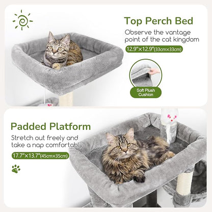 Globlazer Cat Tree Tower with 2 Cat Condos for Multiple Indoor Cats, 52in Multi-Level Plush Cat Condo Tower with 5 Sisal Scratching Posts, 2 Padded Perches, Big Basket, Widened Base, S52, Light Grey