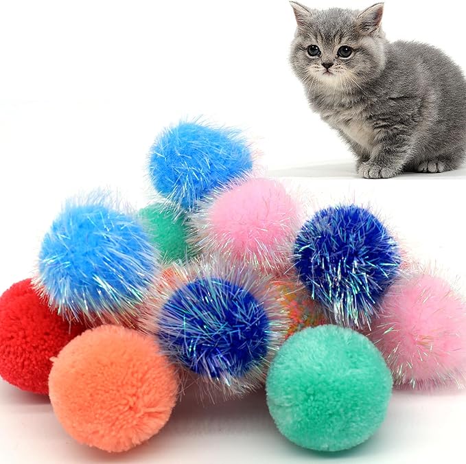 14-Pack Cat Toys Balls - No Bells Quiet Interactive Toys, Soft Pom Poms & Sparkle Balls for Kittens & Adult Cats, Safe for Batting Chasing (7 Sparkle Fuzzy Balls+ 7 Yarn Balls)