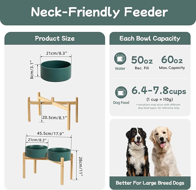 Ceramic Raised Double Bowls Set with Stand, Food & Water Bowls for Large Breed Dogs, Weighted Dog Dishes, Pet Bowl(8.2'',60OZ, Green)