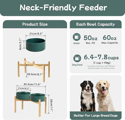 Ceramic Raised Double Bowls Set with Stand, Food & Water Bowls for Large Breed Dogs, Weighted Dog Dishes, Pet Bowl(8.2'',60OZ, Green)