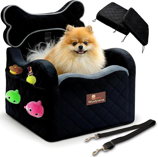 Yara’s Woofyverse Dog Seat for Car – Booster Seat for Small & Medium Dogs with Adjustable Cushions, Fur-Lined Headrest & 6-Pocket Storage – Portable Pet Car Seat for Front/Back Travel – Midnight Ash