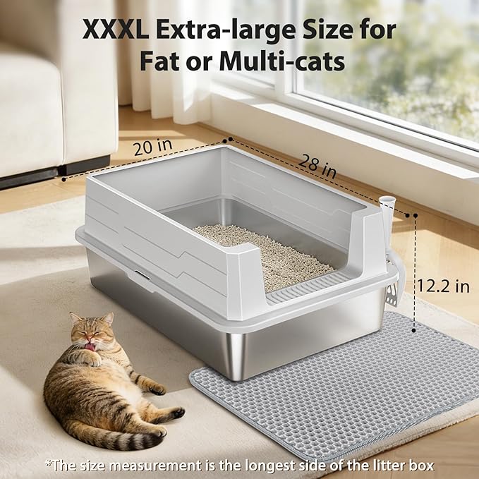 FURTIME XXXL Extra Large Stainless Steel Litter Box with Lid, Large Cat Litter Box for Big Cat, Large Metal Cat Box with High Sided, Non-Stick, Easy Cleaning, Includes Scoop and Mat