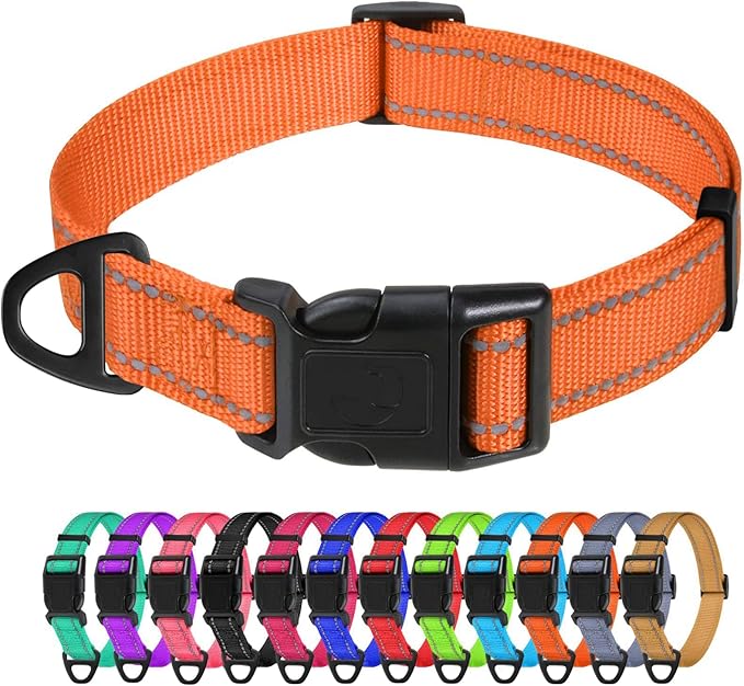 TagME Reflective Nylon Dog Collars, Adjustable Classic Pet Collar with Quick Release Buckle for Medium Dogs, Orange, 1.0" Width