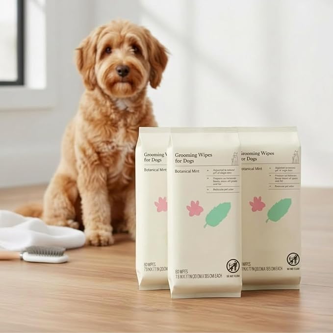 Kindfull Dog Grooming Wipes – 3 Pack (180 Total), Botanical Mint Scent – Gentle, pH-Balanced Pet Wipes for Paws & Fur – Plant-Based, Alcohol-Free – 7.9" x 7.7" Each