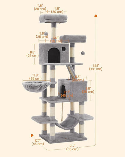 Feandrea Cat Tree, 66.1-Inch Large Cat Tower, Multi-Level Plush Condo with 13 Scratching Posts, 2 Perches, 2 Caves, Basket, Hammock, Pompoms, Light Gray UPCT165W01