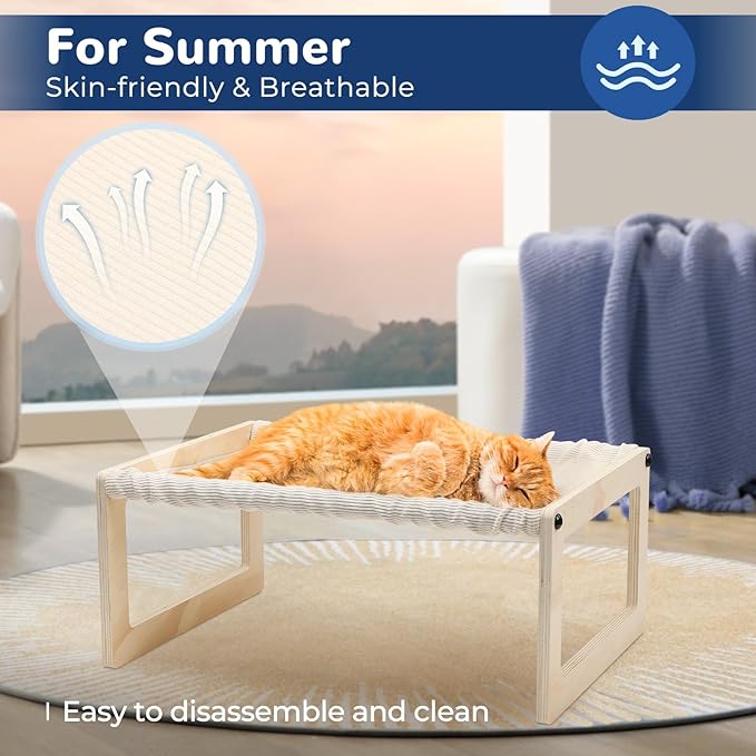 Cat Bed with Washable Pad - 9.5" Elevated Wooden Cat Hammock Bed, 360° View Design, Cot with Breathable Summer Mattress for Kitty, Puppy, Rabbit and All Pets