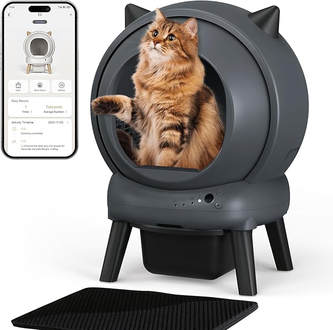 Self Cleaning Litter Box - E2 Automatic Cat Litter Box Smart Robot, APP Control,Weight Monitoring - Ultra-Quiet, for Medium Cats and Kittens, Safe Anti-Pinch Litter Box(Grey)