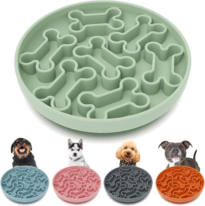 Silicone Slow Feeder Dog Bowl – Green Bone Pattern | Food-Grade Non-Slip Dog Dish for Anti-Bloat, Fast Eating Prevention, 7.5” x 1.5”, Dishwasher Safe