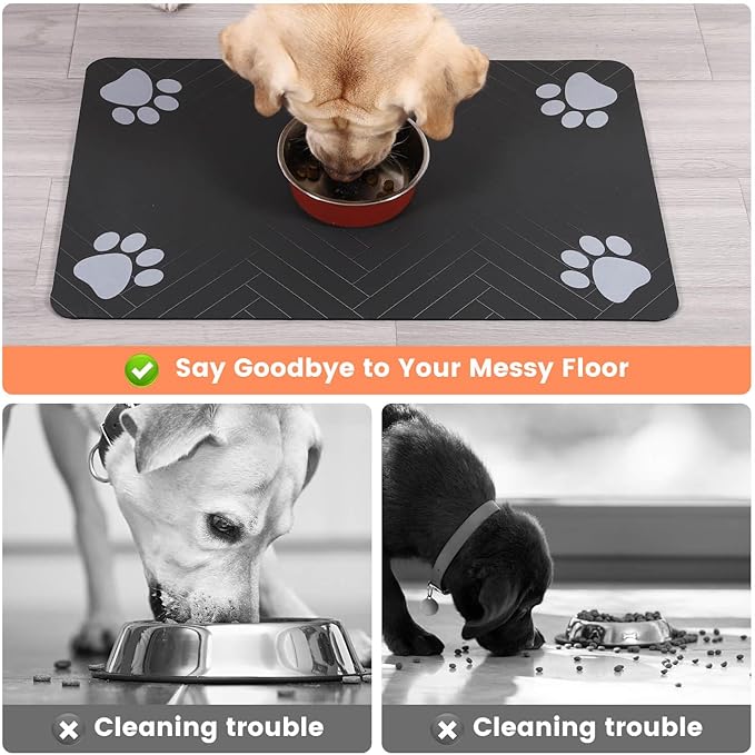 Pet Feeding Mat-Absorbent Pet Placemat for Food and Water Bowl, with Waterproof Rubber Backing, Quick Dry Water Dispenser Mat for Dog and Cat (24"x16", Striped Dark Gray)