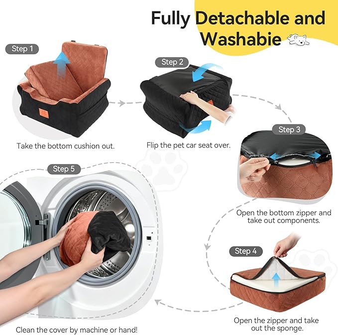 NEEZUKAR Dog Car Seats for Small/Medium Dogs, Elevated Memory Foam Dog Booster Seat, Detachable Washable Pet Car Seat with Safety Belts & Storage Pockets (Black-Brown)