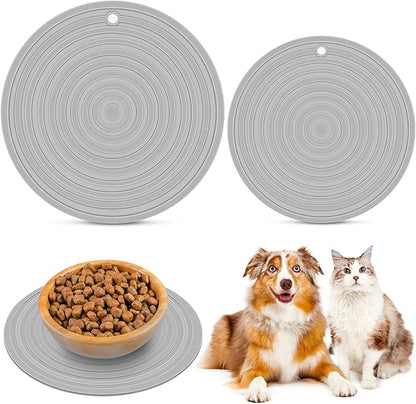 2 Pieces Silicone Pet Food Mat Pet Feeding Mat for Dog and Cat Food Bowl Placemat Preventing Food and Water Overflow Suitable for Medium and Small Pet, 9.5 x 9.5 Inch and 7.1 x 7.1 Inch (Gray)