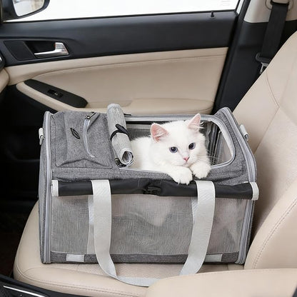Pet Carrier Bag for Cats & Small Dogs, Airline Approved Travel Cat Carrier with Mesh Windows, Shoulder Strap & Removable Mat, Foldable Design for Home & Outdoor Trips (Grey)
