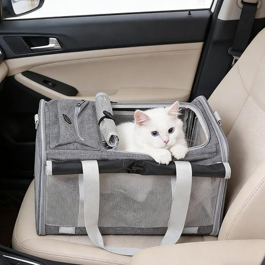 Pet Carrier Bag for Cats & Small Dogs, Airline Approved Travel Cat Carrier with Mesh Windows, Shoulder Strap & Removable Mat, Foldable Design for Home & Outdoor Trips (Grey)