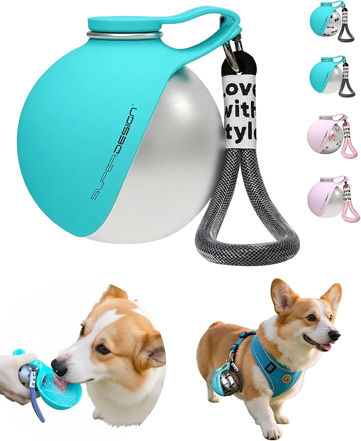 2-in-1 Dog Water Bottle & Bowl: Round Stainless Steel Portable Dog Bottle Water Dispenser for Small Dogs, Walking & Hiking(10oz/285ml) (2-Blue-c)