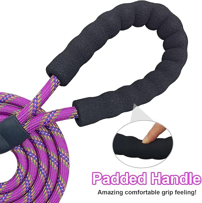 MayPaw Heavy Duty Rope Dog Leash, 6/8/10/15/20 FT Long Nylon Pet Leash, Soft Padded Handle Thick Lead Leashes for Large Medium Dogs Walking Recall Training (6ft * 1/2", Purple)