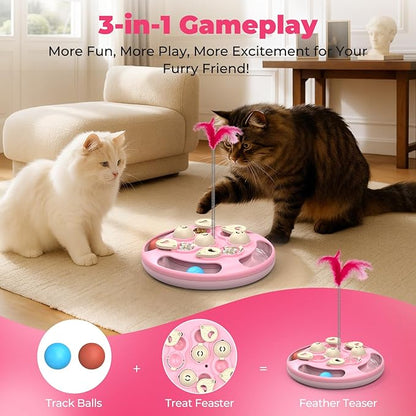 Cat Puzzle Toys Games Level 3 in 1 with Track Balls, Feather Teaser & Treat Feeder | Non-Slip Base | Mental Stimulation Enrichment for Indoor Cats | Kitty Gift, Pink