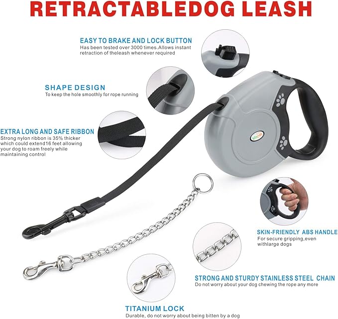 Idepet Heavy Duty Retractable Dog Leash for Small and Medium Dogs, Anti-Chewing Steel Chain 360 Degree Tangle-Free,Break and Lock System,16ft Leash for Dog Walking (Flat Rope)