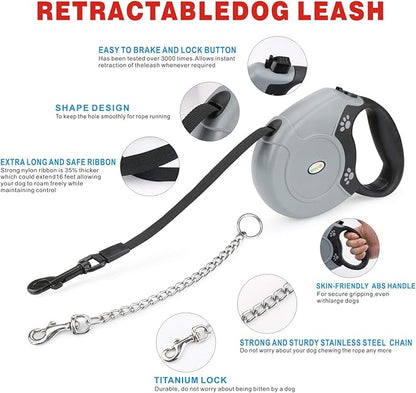 Idepet Heavy Duty Retractable Dog Leash for Small and Medium Dogs, Anti-Chewing Steel Chain 360 Degree Tangle-Free,Break and Lock System,16ft Leash for Dog Walking (Flat Rope)