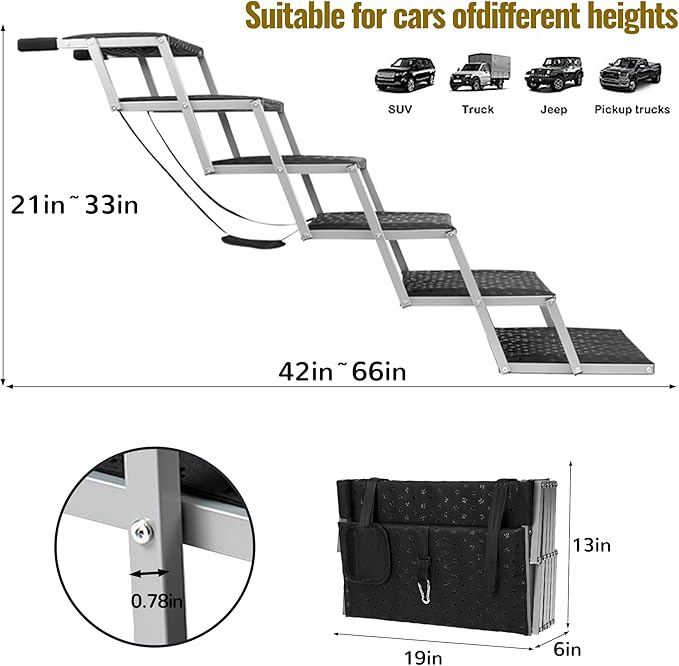 Extra Wide Stairs for Car - Foldable Dog Ramps for Large Dogs With Non-Slip Surface, Portable Steps for Cars, SUV, Truck, Support Up to 250 Lbs
