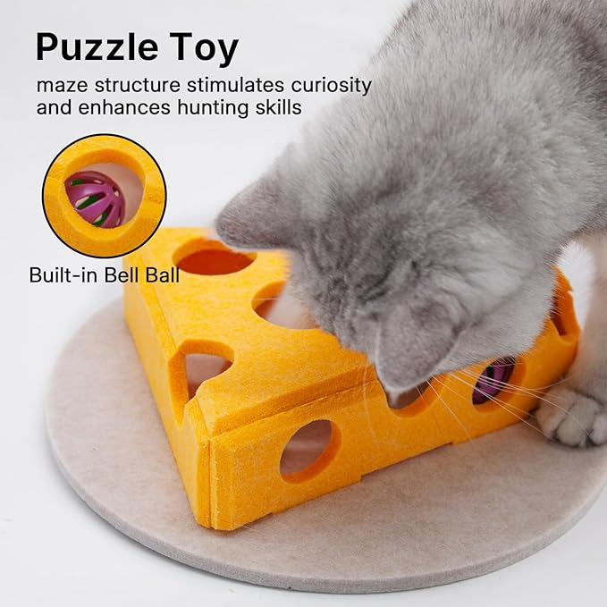 Cat Puzzle Toy with 3 Track Balls, Cheese Play Box for Indoor Kittens Treat Feeding, Fun Maze Game for Indoor Cats Boredom Relief & Exercise (Cheese Yellow)