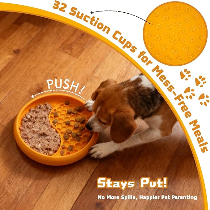 Dog Lick Bowl, Non-Slip Slow Feeder Dog Bowl, Silicone Licking Mat with Treat Dispenser, Entertainment Dog Puzzle Play, Feeder Bowl to Relieve Anxiety, Dishwasher Safe,with Brush & Spatula (Orange)