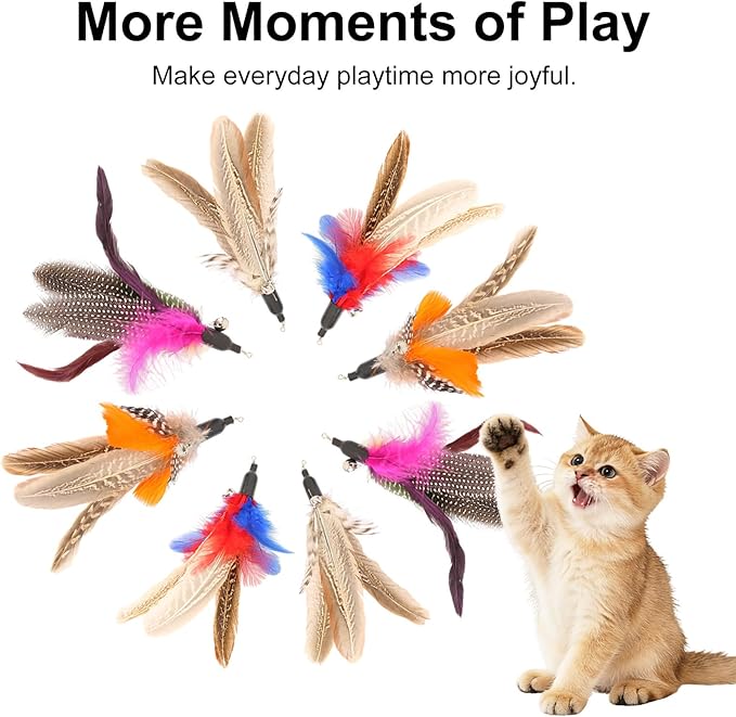 Cat Feather Wand Refills, Assorted Handmade Bird Feather Replacements, Interactive Cat Toy Refills for Indoor Cats & Kittens(8 pcs, Colorful)