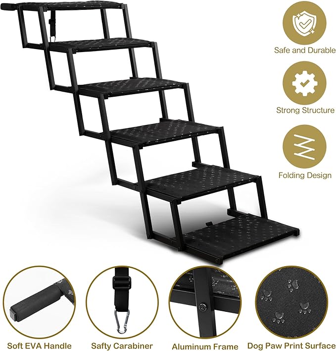 Dog Stairs for Car - Foldable Dog Ramps for Large Dogs with Non Slip Surface, Portable Dog Steps for Cars and SUV, Truck, Support Up to 200 Lbs, 6 Steps