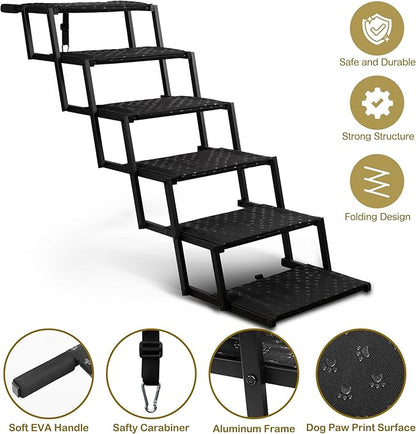 Dog Stairs for Car - Foldable Dog Ramps for Large Dogs with Non Slip Surface, Portable Dog Steps for Cars and SUV, Truck, Support Up to 200 Lbs, 6 Steps