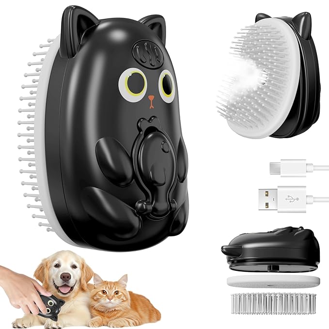 3 in 1 Cat Steam Brush for Shedding, Pet Steam brush for Dog & Cat Shedding & Grooming, for Long & Short Haired Pets, Spritz Defur Comb (black)