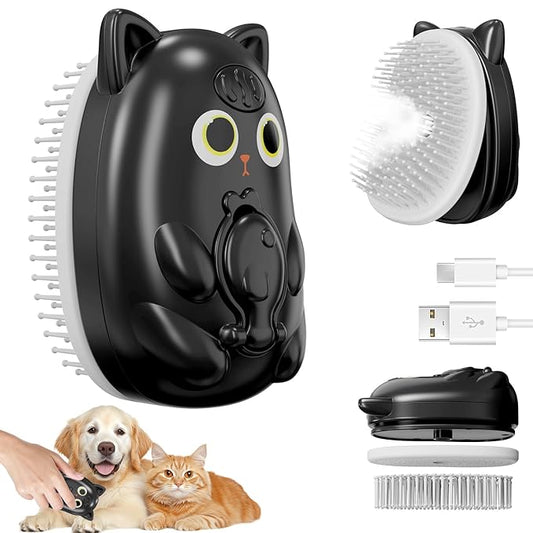 3 in 1 Cat Steam Brush for Shedding, Pet Steam brush for Dog & Cat Shedding & Grooming, for Long & Short Haired Pets, Spritz Defur Comb (black)